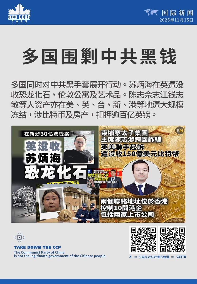 多国围剿中共黑钱多国同时对中共黑手套展开行动。苏炳海在英遭没收恐龙化石、伦敦公寓及艺术品。 陈志佘志江钱志敏等人资产亦在美、英、台、新 、港等地遭大规模冻结，涉比特币及房产，扣押逾百亿英镑。 #中共#洗钱#苏炳海#陈志#
