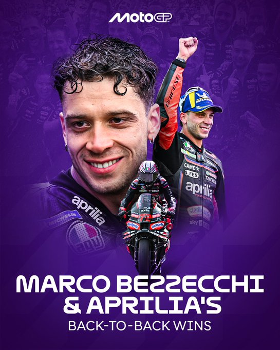Vibrant purple-themed graphic featuring Marco Bezzecchi in multiple poses: a close-up of his smiling face with curly hair and raised fist wearing a red cap, another profile view of him smiling with a blue cap, and a full-body image of him on a black and red Aprilia RS-GP motorcycle in racing suit bending forward, with a blurred stadium crowd in the background. The text overlay reads MARCO BEZZECCHI and BACK-TO-BACK WINS in white bold letters. MotoGP logo appears in the top left corner.