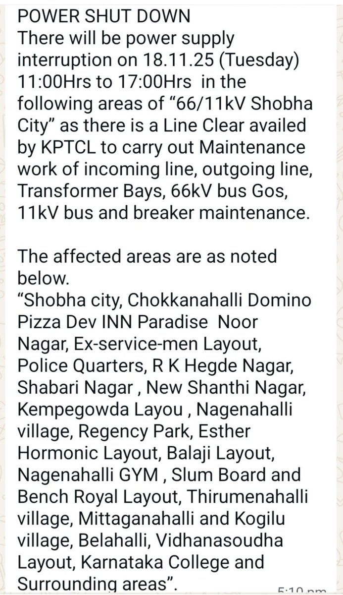 Bengaluru: Power shutdown on Nov 18 (Tue) from 11am to 5pm in areas under 66/11kV Shobha City for KPTCL maintenance of lines, bays and breakers. Affected areas include Shobha City, Chokkanahalli, RK Hegde Nagar, Thirumenahalli, Kogilu, Belahalli, Vidhanasoudha Layout &amp; nearby
