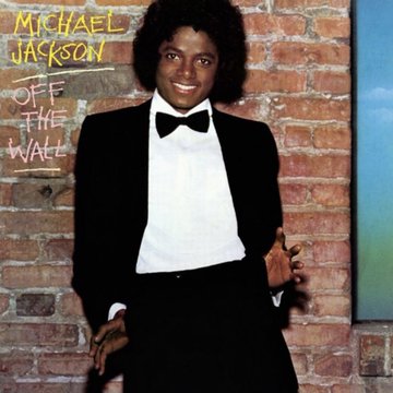 First image shows Michael Jackson in a black tuxedo with white shirt and bow tie, smiling with curly hair against a brick wall background, text Off the Wall above and below. Second image depicts Michael Jackson in a white suit jacket over black shirt, serious expression with curly hair, text Thriller above and below on a dark background. Third image features Michael Jackson in a black leather jacket with studs and belts, intense gaze with curly hair, text Bad in red vertically on a black background.