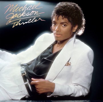 First image shows Michael Jackson in a black tuxedo with white shirt and bow tie, smiling with curly hair against a brick wall background, text Off the Wall above and below. Second image depicts Michael Jackson in a white suit jacket over black shirt, serious expression with curly hair, text Thriller above and below on a dark background. Third image features Michael Jackson in a black leather jacket with studs and belts, intense gaze with curly hair, text Bad in red vertically on a black background.