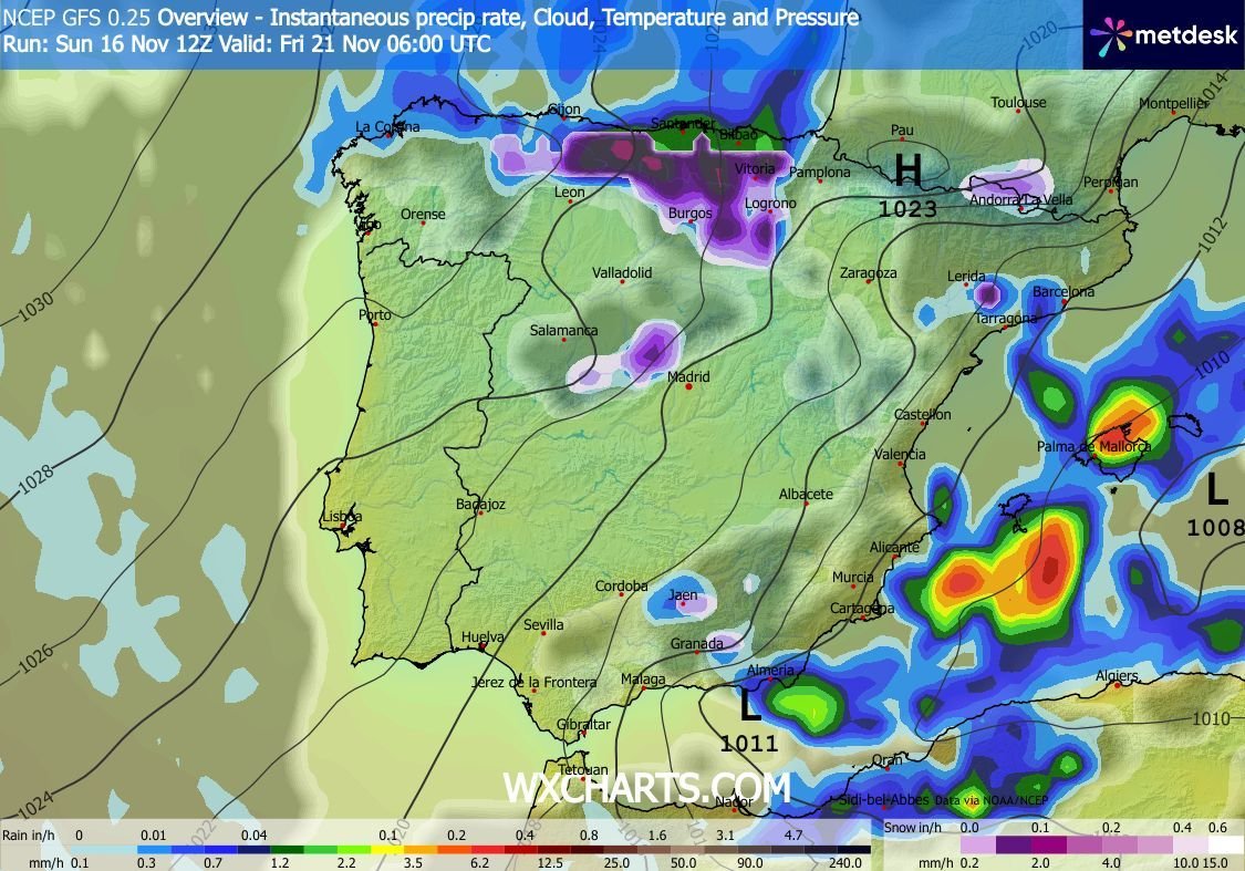 Sortida 12Z 16/11/25 wxcharts.com model #GFS 
#meteo #prediccio #fred #neu #nevada #precipitacions #inestabilitat 
Passen els dies i els models segueixen veient mínimes opcions de que nevi al #CampdeTarragona; sortides inconnexes però que segueixen un fil comú: neu ?