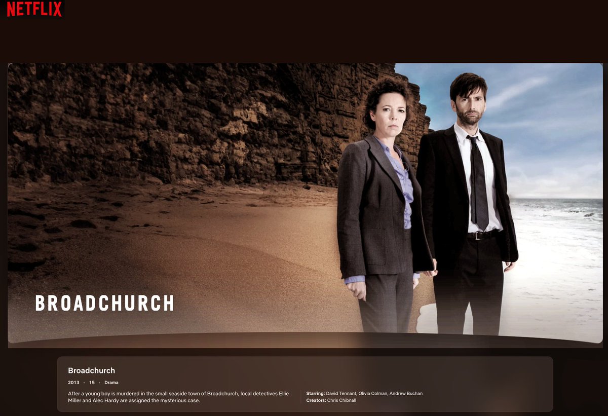 I thought I was seeing things earlier when I saw this pop up on my TV. I mean, I know I'm obsessed with it, but I don't expect other streaming services to know this as well! Still, I guess it's officially a classic show now #Broadchurch comes to UK Netflix Nov 18th 🤣