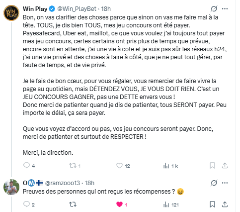 Rappel: Ne vous faîtes pas avoir par <a href="/Win_PlayBet/">Win Play</a> : 
- Vous ramène sur un site arnaquant les gagnants
- Affiliation (interdite), avec retour sur pertes
- Pratiques commerciales trompeuses
- Publicité et offres illégales sans agrément
- Escroquerie en bande organisée
- Arnaque les