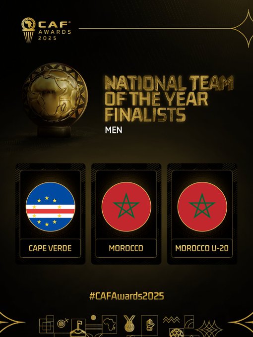 Graphic with CAF logo in gold circle at top left and right golden globe trophy in center text National Team of the Year Finalists Men below it three badge-like elements left blue flag with stars and stripes labeled Cape Verde center red flag with green star labeled Morocco right red flag with green star labeled Morocco U20 bottom text CAFAwards2025