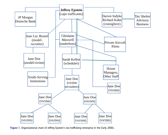 Here is an organizational chart of Epstein's sex trafficking enterprise. This was developed in a comparative case study of Epstein and Nygard. The organization distributes the work of sexual grooming among multiple actors. The central abuser is at the top. $ comes via tax adv biz