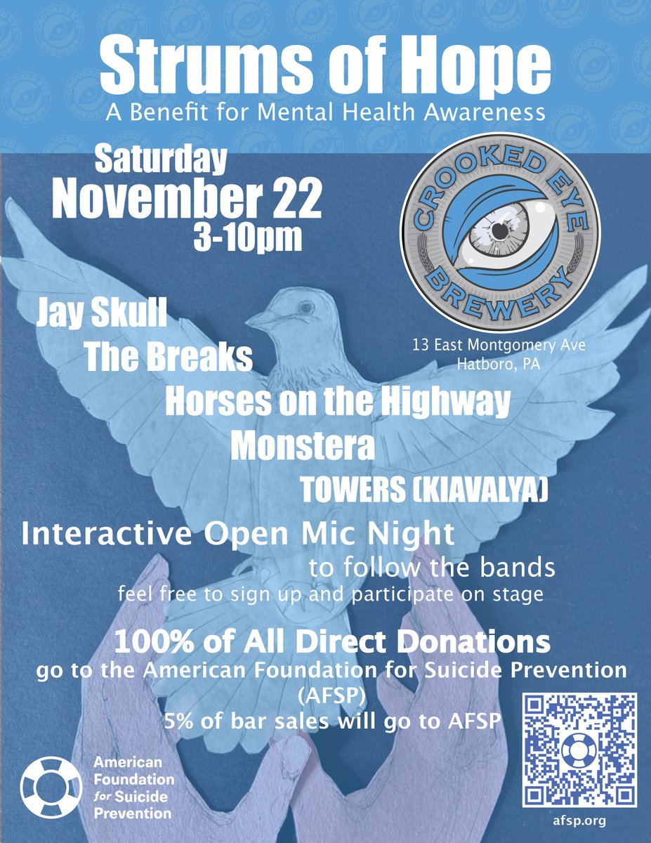 AFSPphilly's tweet image. See you Saturday night @crookedeyebrewery!  Hear some great music and learn more about AFSP and how to get more involved! #volunteer #stopsuicide