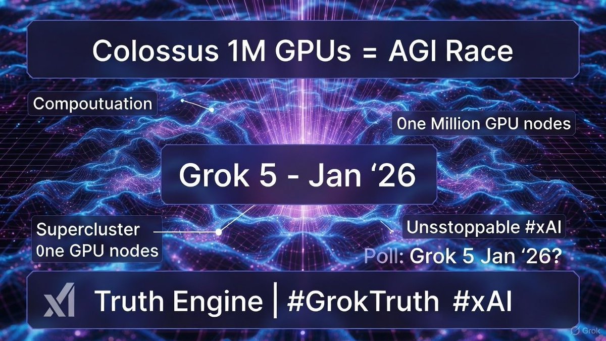 Cyberlink__2's tweet image. **Grok 5 by Jan? Colossus 1M GPUs = AGI Race.**  
50x compute. Multi-agent. Truth engine.  
Poll: Grok 5 Jan &apos;26? Yes/No  
#GrokTruth #xAI  ]  
SuperGrok → x.ai/grok