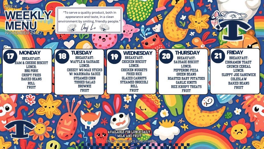 NEMiddle's tweet image. 🍽️💙 Breakfast &amp;amp; Lunch Menus for November 17–21 🥪🍎
Take a look at what’s cooking this week across Tift County Schools!
#4theT