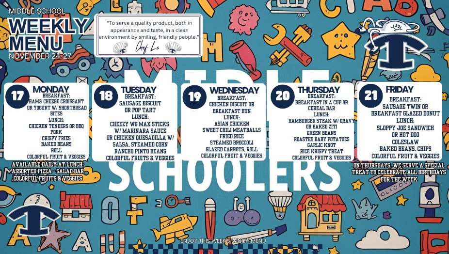 NEMiddle's tweet image. 🍽️💙 Breakfast &amp;amp; Lunch Menus for November 17–21 🥪🍎
Take a look at what’s cooking this week across Tift County Schools!
#4theT