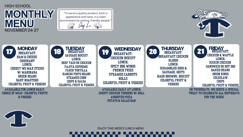 NEMiddle's tweet image. 🍽️💙 Breakfast &amp;amp; Lunch Menus for November 17–21 🥪🍎
Take a look at what’s cooking this week across Tift County Schools!
#4theT