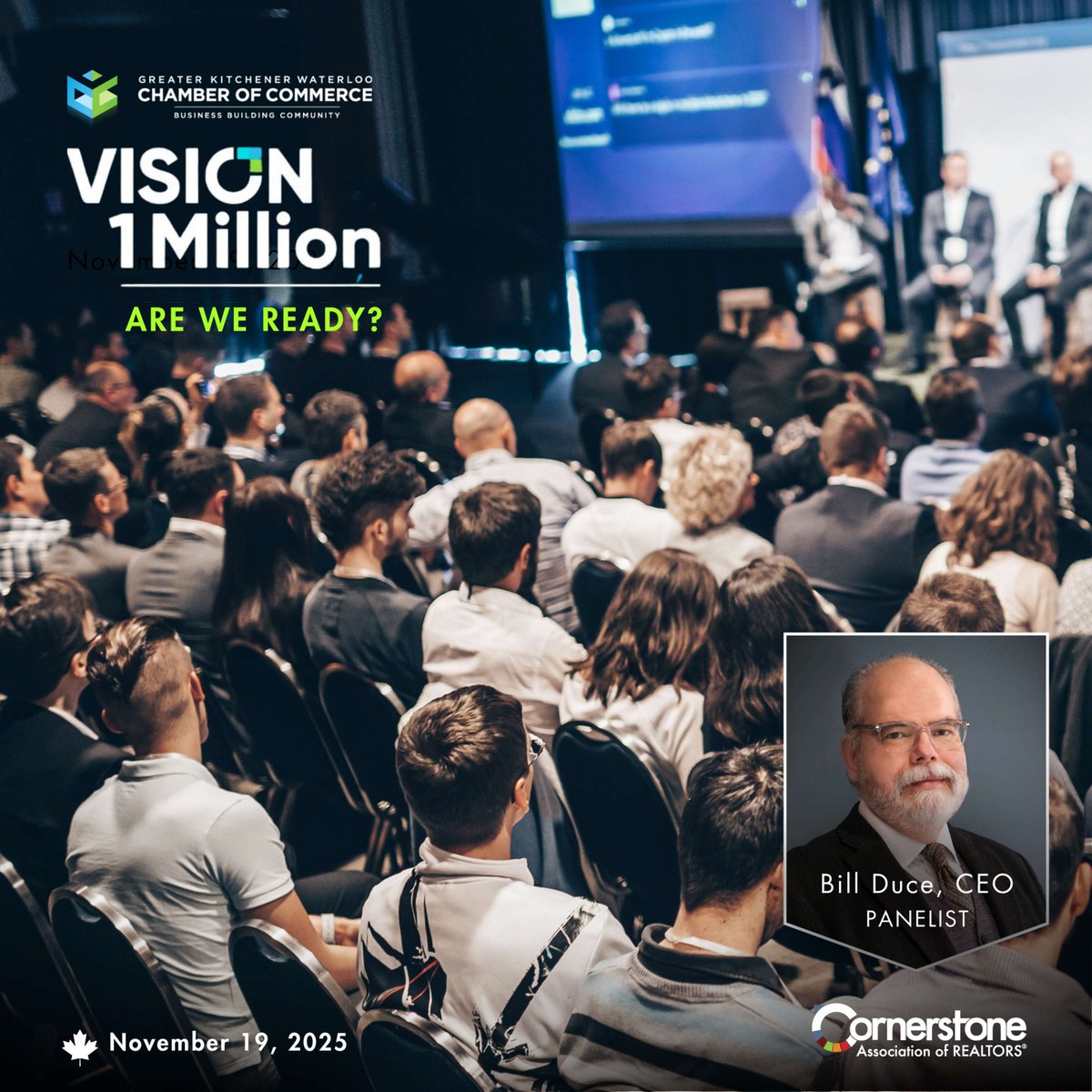 On Wednesday, November 19, Cornerstone’s CEO, Bill Duce, will be a panelist in part one of the Vision 1 Million event series hosted by the <a href="/GKWCC/">Greater KW Chamber</a> at the Double Tree by Hilton Kitchener. 

For details and to purchase tickets, visit: ow.ly/LYFn50Xrkv4