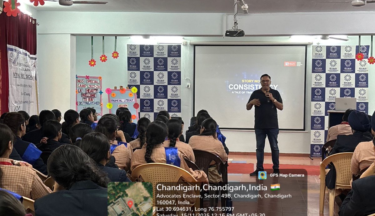NSSRyanChd's tweet photo. NSS 7-Day Special Camp – Day 7:
Dr. Vikram Khanna conducted a session on Financial Literacy, focusing on money management and budgeting. Volunteers also cleaned the adopted village and school, and distributed newspaper bags to local vendors to promote eco-friendly practices. https://t.co/R6xTNBG9Me