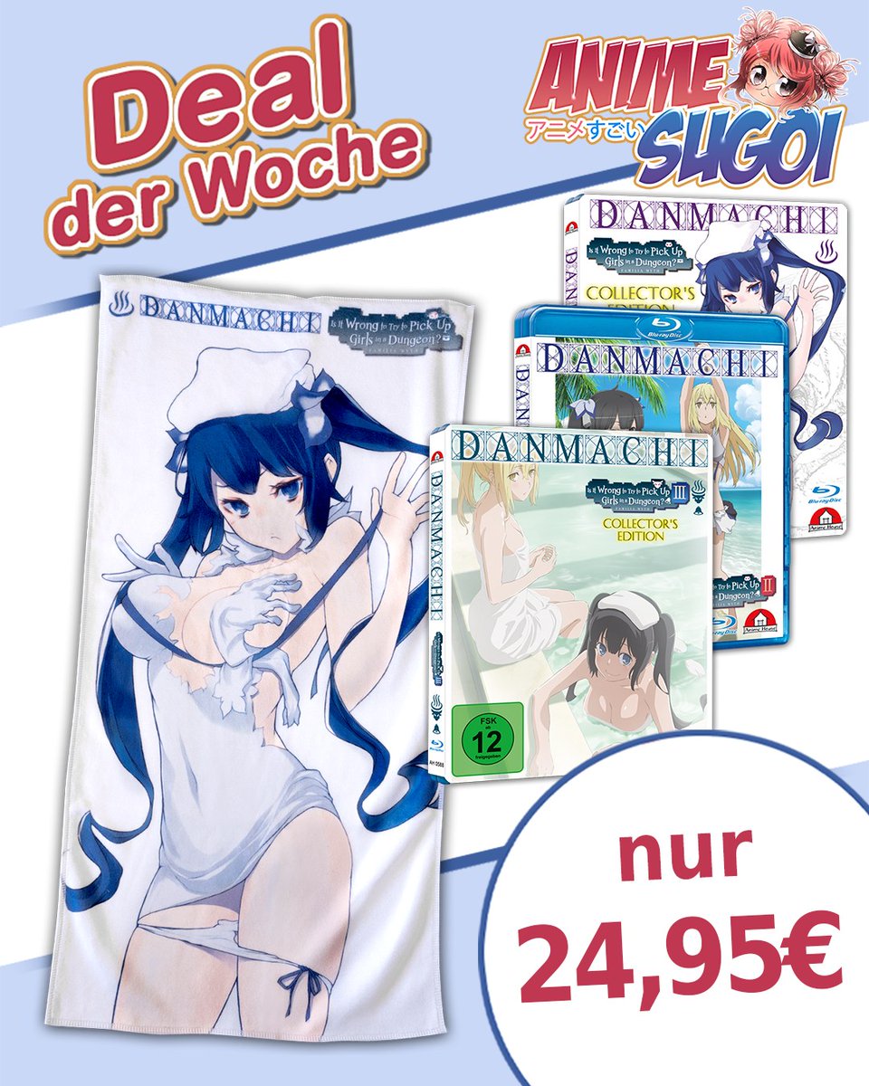 🚨 Der nächste #Deal der #Woche ist da! 🚨

Wir haben eine Woche lang das #Danmachi #OVA-Paket inklusive exklusivem #Handtuch für nur 24,95€! 😶‍🌫️🧖‍♀️

🛒Zum #Shop:

📀 DVD (OVA 1 &amp; 2 + Handtuch)
👉 anime-sugoi.de/Danmachi-OVA-1…

💿 Blu-ray (OVA 1–3 + Handtuch)
👉 anime-sugoi.de/Danmachi-OVA-1…