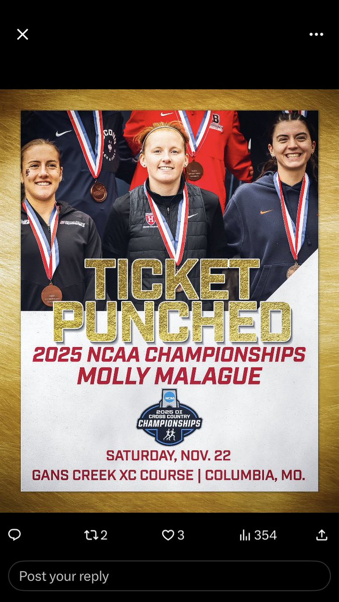 Yes Molly! 

3rd place finish in the NCAA Northeast Regional, meaning she’s going to the NCAA Championships!

Last year her team qualified for NCAAs and after the race she said, “I really want to get back here”, and she did it. 

That’s Molly Malague!