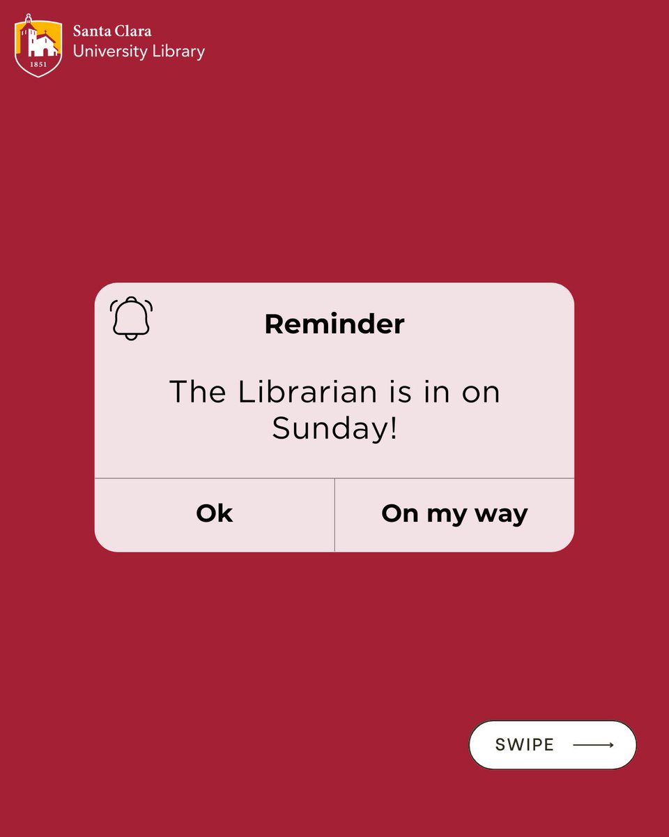 SCU_Library's tweet image. Sunday plans? Going to the Library✔️

The librarian is here to help you find books, online resources, and support your research needs. Stop by the Library Help Desk to meet with the Librarian from 12 PM- 6 PM.
 
The Librarian is here to help!📚📘