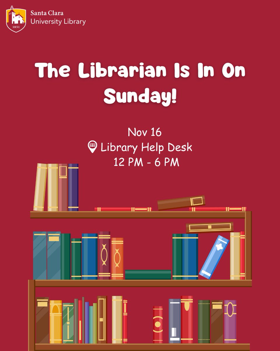 SCU_Library's tweet image. Sunday plans? Going to the Library✔️

The librarian is here to help you find books, online resources, and support your research needs. Stop by the Library Help Desk to meet with the Librarian from 12 PM- 6 PM.
 
The Librarian is here to help!📚📘