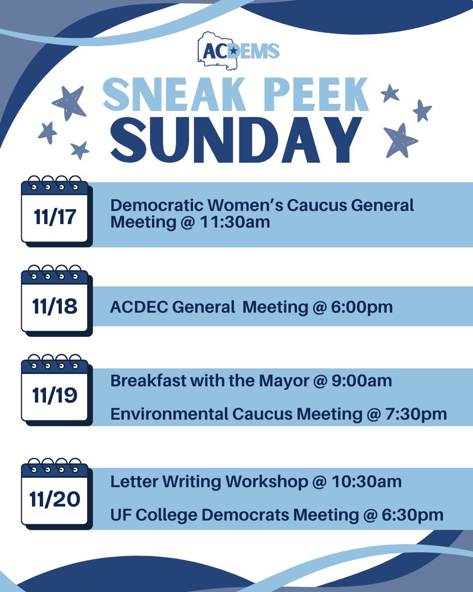 Check out some of the great events we have going on this week! Hope to see you there. Check out our Mobilize at mobilize.us/alachuadems/ for more information 💙

#AlachuaDemocrats #SneakPeekSunday