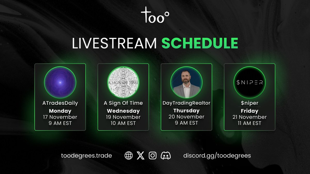 🚨 Toodegrees Escape Livestream 🚨
🗓️ November – Week 3

Packed schedule this week! Make sure to tune in!

Join 14,000+ traders and claim a spot for FREE:
toodegrees.trade/november-week-3

Featuring:
<a href="/atradesdaily/">Josh</a> <a href="/A_SignOfTime/">A SIGN OF TIME</a> <a href="/AdamK_Realtor/">daytradingrealtor 🧔🏻‍♂️</a> <a href="/matt_loeber/">$𝘯𝘪𝘱𝘦𝘳</a>