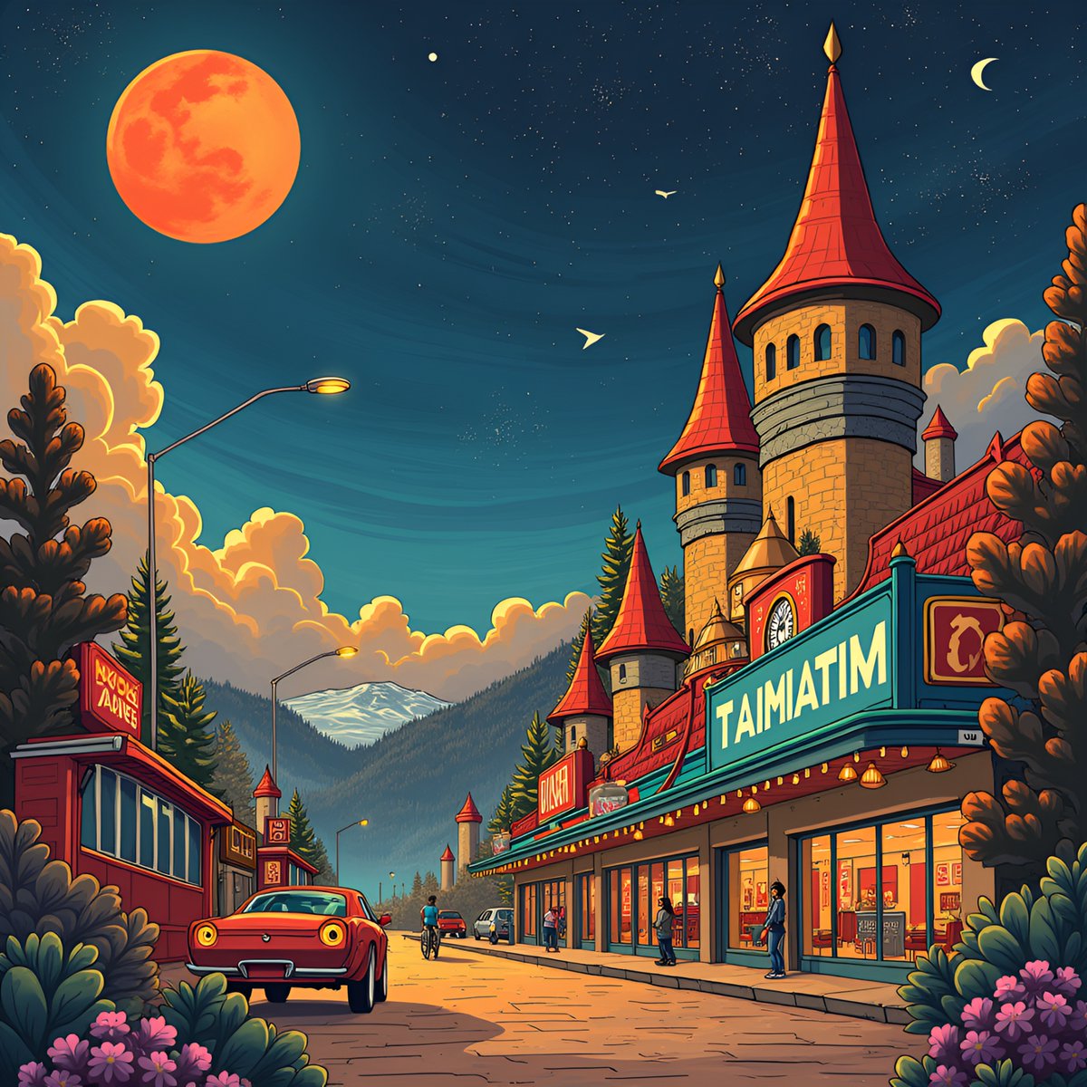 PromptSin's tweet image. Lost in fairytale town under the glow of the full moon! ✨ 
Who's ready for a magical adventure? 🚗 
#DreamBig #MagicalMoments
