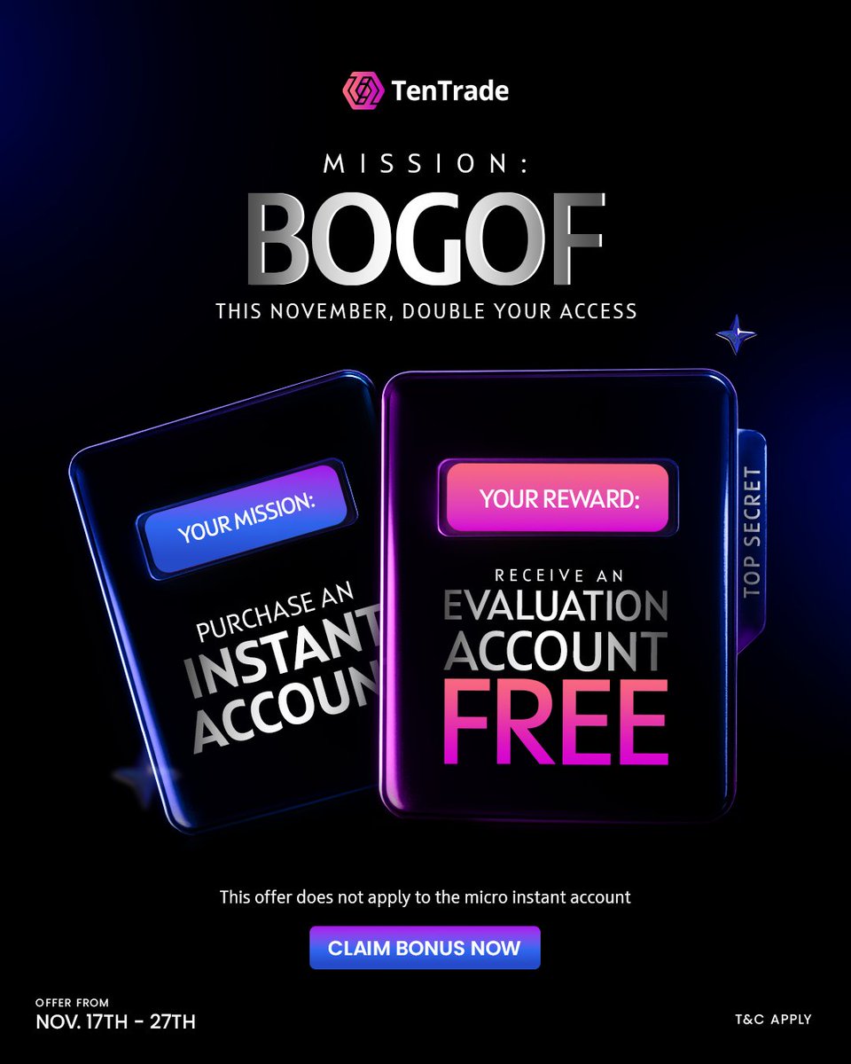 Tenfundedtrader's tweet image. Two Accounts. One Bold move. Infinite Potential.

With TenTrade’s Instant + Free Evaluation Account, your edge just doubled.

Purchase an INSTANT FUNDED ACCOUNT and get matched with a FREE EVALUATION ACCOUNT.

Offer valid till November 27th Get funded - bit.ly/tentradereg…