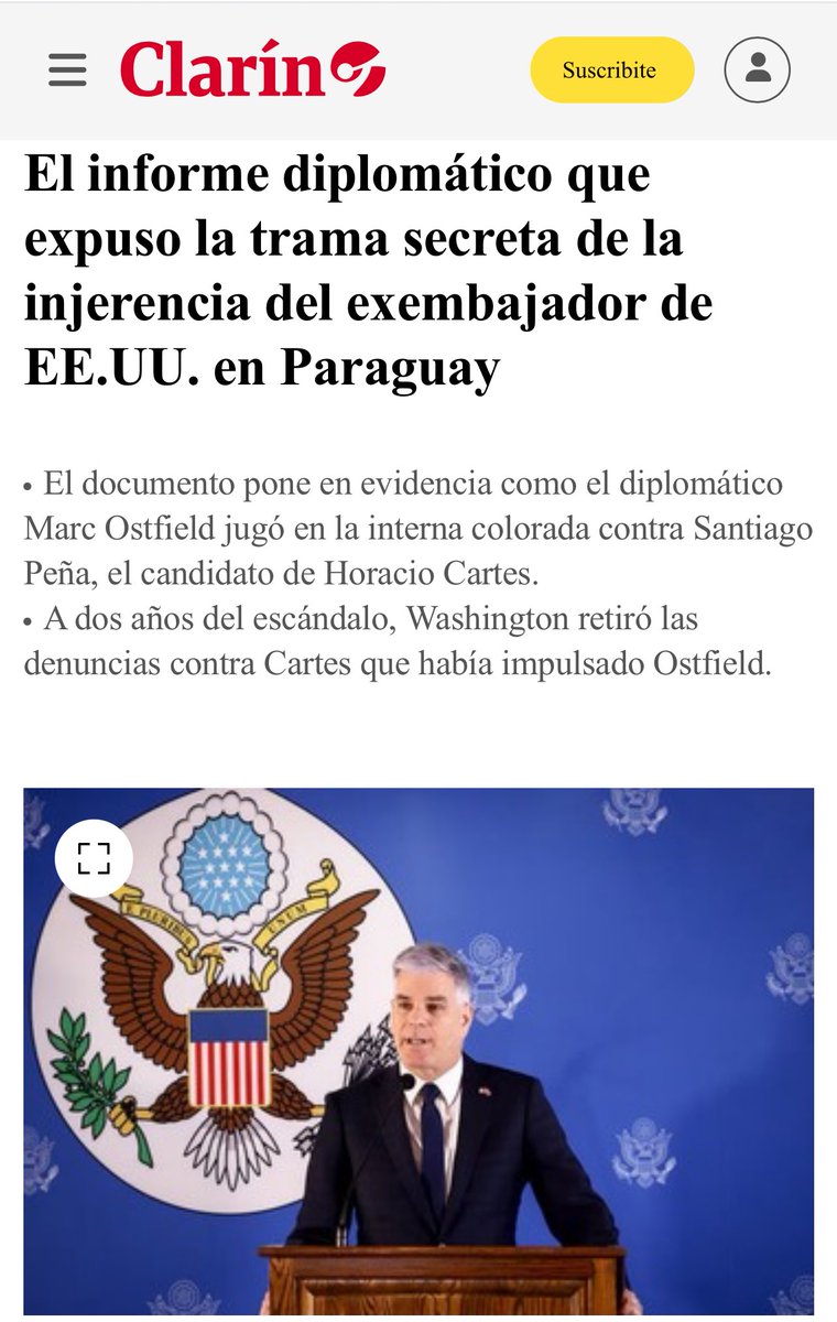 LaRed_Py's tweet photo. 🚨 LA TRAICIÓN NO SE PERDONA

El golpe bajo que sacudió la política paraguaya sale a la luz. Un informe diplomático secreto de agosto 2022 destapa la infame injerencia del exembajador de EE.UU., Marc Ostfield, en las internas del Partido Colorado.

En la nota dirigida hacia la Secretaría de Estado, se menciona el éxito de las sanciones aplicadas en ese momento a Horacio Cartes y además la solicitud del expresidente Mario Abdo Benítez para una reunión confidencial: “En línea con estas elecciones (internas), me sorprendió el llamado del presidente Abdo solicitando una reunión confidencial, la que se realizó ayer 2 de agosto en un lugar apropiado y sin posibilidad de que sea filtrada a la prensa”.

El verdadero puñal por la espalda: la traición del expresidente Mario Abdo Benítez a su propio vicepresidente, Hugo Velázquez.

LA ALIANZA OSCURA: OSTFIELD Y ABDO, COMPLICES EN LA SOMBRA.

🔸 Ostfield pintó a Abdo como un “aliado incondicional” de Washington, blindándolo mientras tramaban en secreto.

🔻 En una reunión confidencial, Abdo inventó una historia contra Velázquez por corrupción y tráfico de influencias, y puso como testigos a dos ex fiscales; Carlos Arregui y René Fernández, ambos opositores al partido Colorado y aliados de su gobierno. Luego pidió sanciones de EE.UU. contra su vice para sacarlo del camino.

🏳️‍🌈 Ostfield aplaudió el plan como una “jugada maestra” para “eliminar corruptos” y allanar el terreno por si no ganaba su candidato, lo haga el de la oposición. 

🇵🇾 Santiago Peña arrasó en las elecciones de 2023, pero el telón se cae en octubre de 2025 cuando EE.UU. levantó las sanciones a Horacio Cartes.

Vía: https://t.co/j6dgibA6m5
