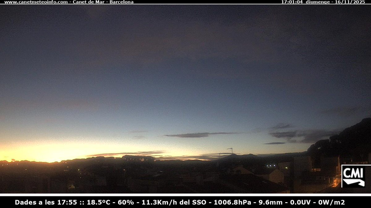 #CMI Canet de Mar
🕒 Hora: 18:00
🌡️ Temp: 18.5ºC
💧 Humitat: 60%
🌬️ Vent: 8.0 Km/h del SO
📉 Pressió: 1006.8 hPa
🌧️ Precip: 9.6 mm
🔆 UVI: 0.0
☀️ Radiació: 0 V/m2
 📡 ClimaMeteoInfo