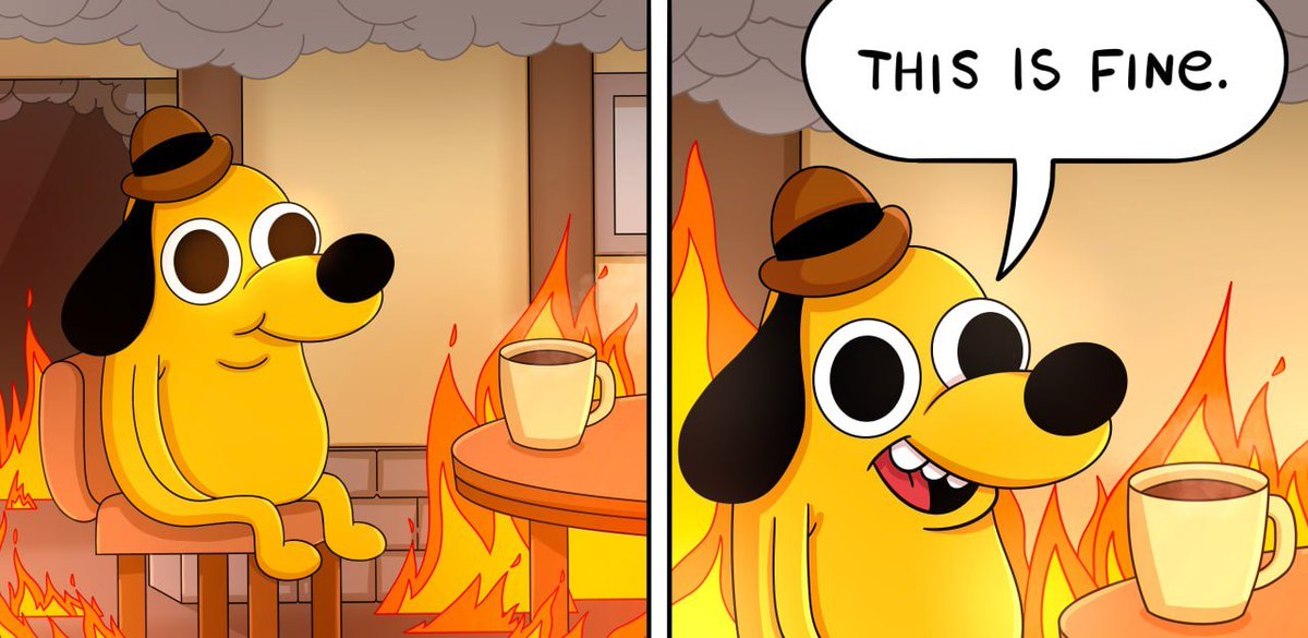 $FINE Launches on Tuesday 6PM UTC. This Is Fine is a two-pane image of an anthropomorphic dog trying to assure himself that everything is fine, despite sitting in a room that is engulfed in flames. Following the current market condition. Wait for burn and renounce. DYOR