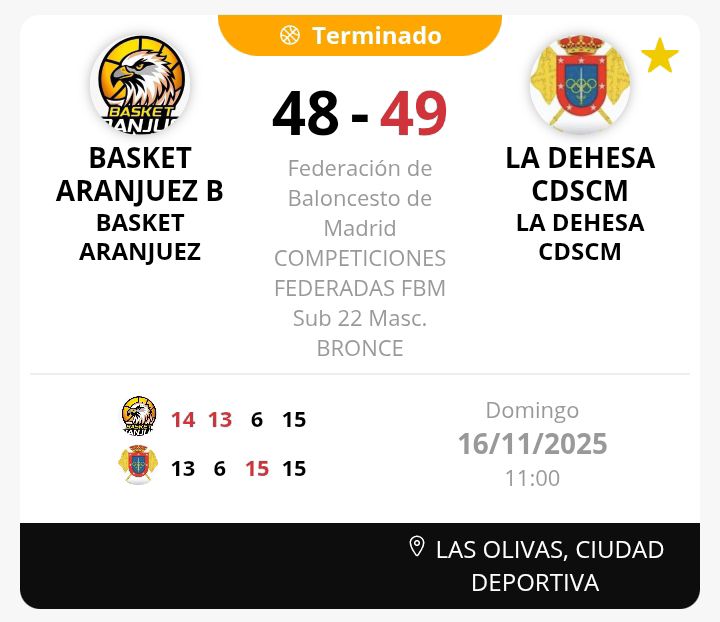 BasketAranjuez's tweet photo. Derrota del #Sub22Masc frente a #LaDehesa. @mgortega25: "Los partidos ajustados se ganan por pequeños detalles y en éste los desaprovechamos" https://t.co/BRcanpR4La