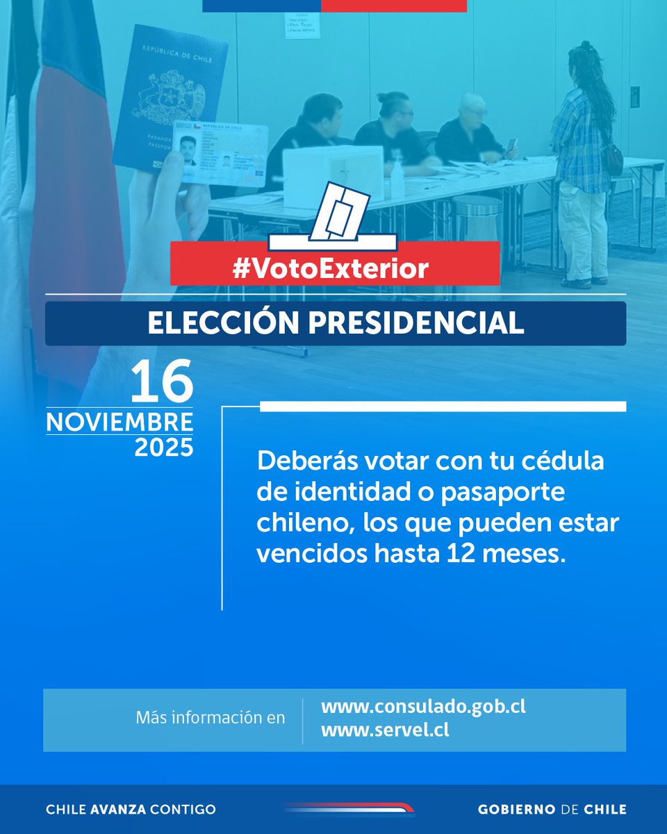 ChileenStoDgo's tweet photo. 🗳️ #VotoExterior | Para votar en la Elección Presidencial deberás presentar tu cédula de identidad o pasaporte chileno, ningún otro documento puede acreditar la identidad del elector.

Más información en https://t.co/BxeFlTPr3m https://t.co/rXrd86uw7H
