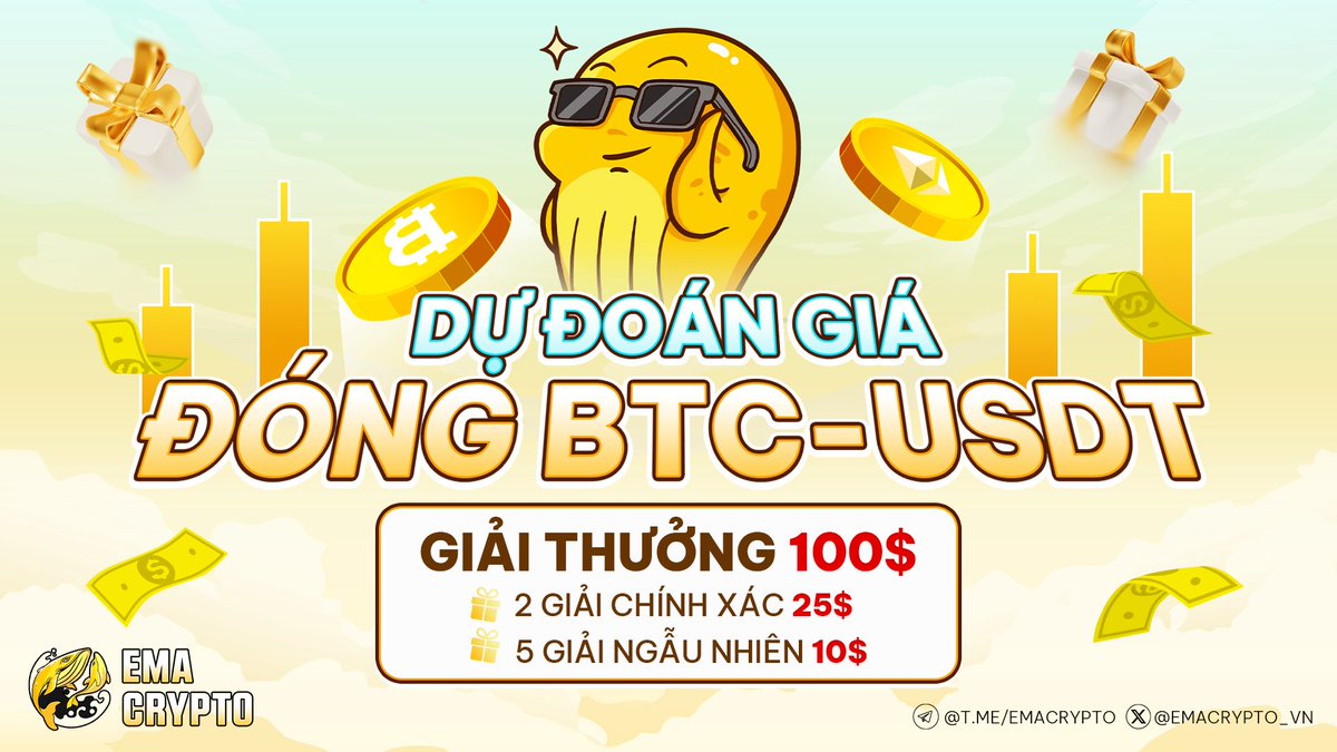 🔥 GIVEAWAY 100$ DÀNH CHO ANH EM 
EMA CRYPTO VIỆT NAM 🇻🇳

Đến hẹn lại lên, EMA mang đến event đoán giá tặng quà cho ae. Chơi vui vẻ may mắn nhé

🎁 Phần thưởng:

- 2 giải dự đoán chính xác nhất: 25 USDT/giải
- 5 giải ngẫu nhiên: 10 USDT/giải

📌 Thể lệ:

+ ĐÓNG