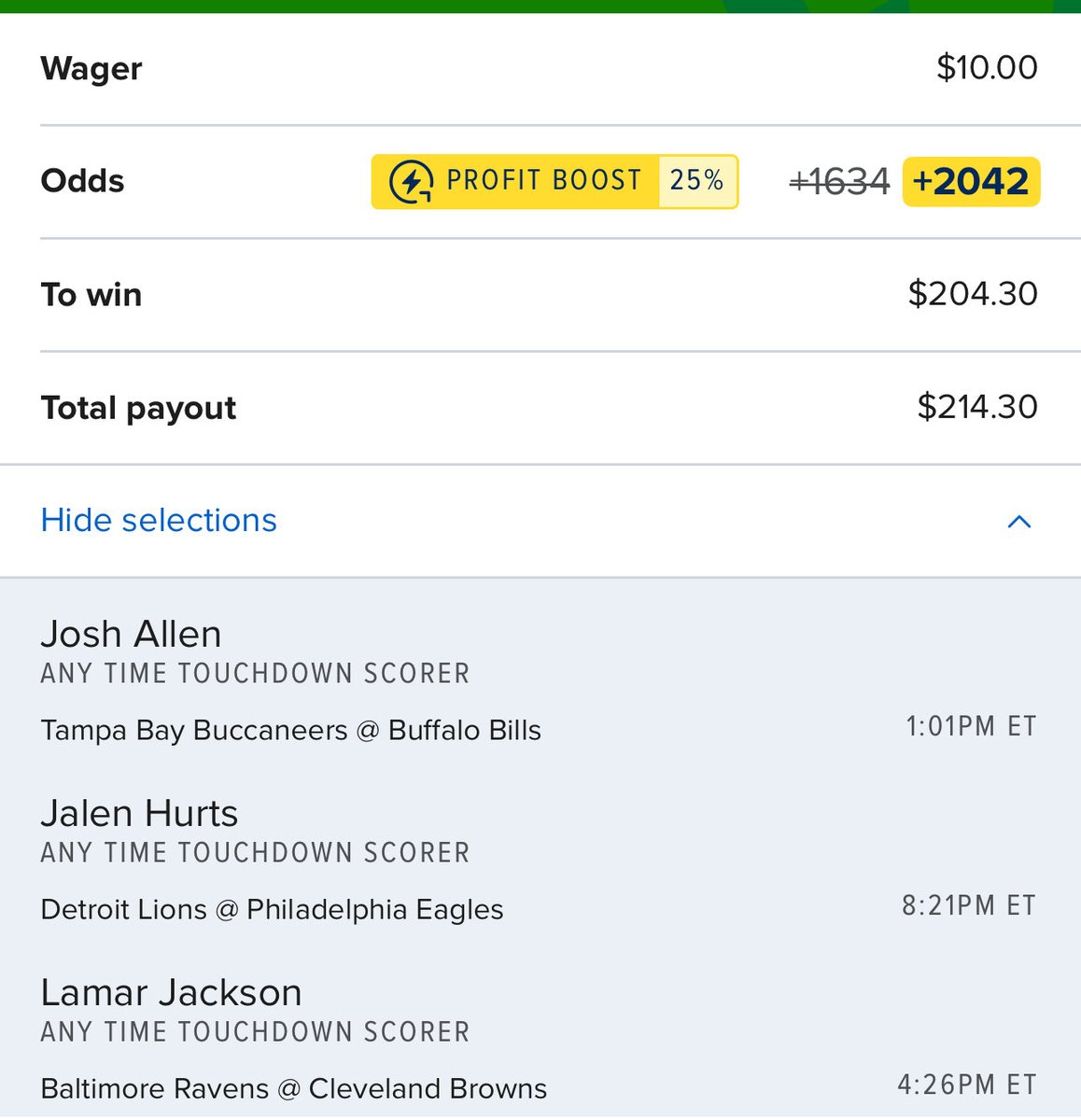 NFLFirstScore's tweet image. 📈 FD 25% Parlay Boost 📈

QBs going to be running wild today (hopefully)

+1634 📈 +2042