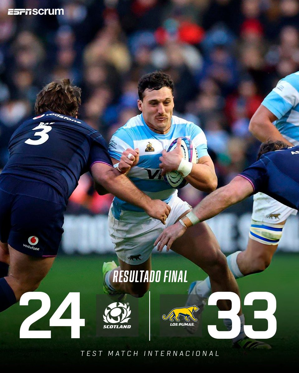 ScrumESPN's tweet photo. 👏🏻🇦🇷 ¡Triunfazo de #LosPumas en Murrayfield!

🔝 Desplegando su mejor versión en el segundo tiempo, el equipo argentino sacó adelante un duro partido y venció a Escocia por 33-24.

👉🏻 Los tries del conjunto dirigido por Felipe Contepomi llegaron por intermedio de Julián Montoya, Rodrigo Isgró, Pedro Rubiolo, Pablo Matera y Justo Piccardo.

🔜🆚🏴󠁧󠁢󠁥󠁮󠁧󠁿 El próximo compromiso será ante Inglaterra, el 23/11 en Twickenham.

➕ Mirá el mejor rugby en Disney+ Plan Premium.

#PUMASxESPN