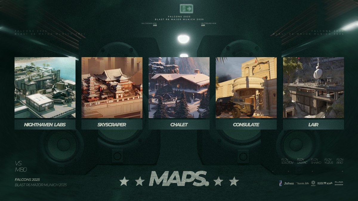 FalconsEsport's tweet image. FALCONS R6 IS LIVE. GRAND FINALS IS HERE 🦅🔴     

BO5 | MAPS 🗺️:

NIGHTHAVEN LABS — Falcons
SKYSCRAPER — M80
CHALET — Falcons
CONSULATE — M80
LAIR — Decider

#FalconsAreHere - #BLASTR6