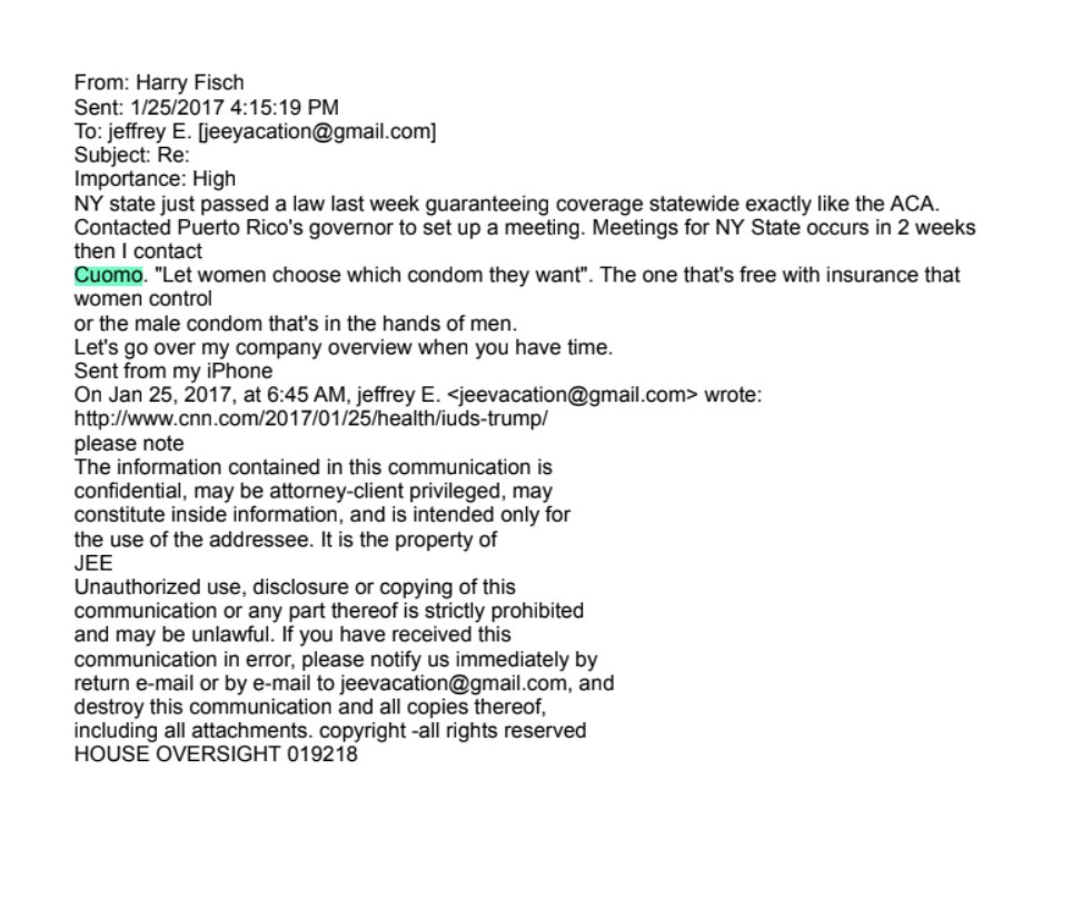 DRBoguslaw's tweet image. 🚨🚨🚨BREAKING: Someone named Harry Fisch (awesome name) emailed Epstein in 2017 to tell him he had contacted Cuomo and Puerto Rico&apos;s governor.