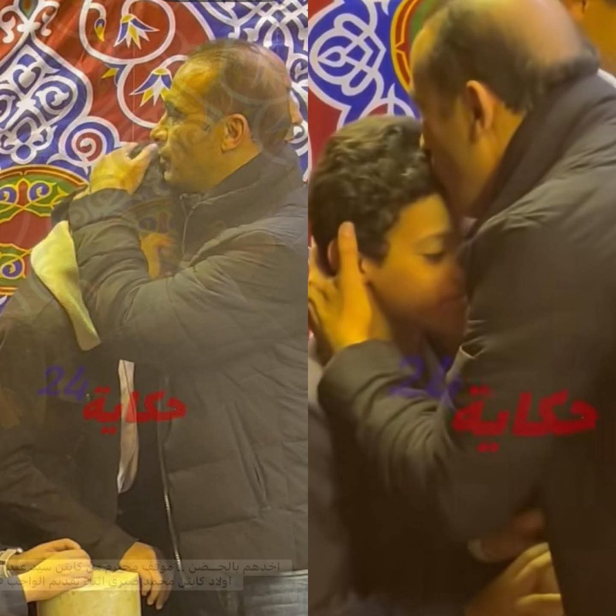 الكابتن سيد عبدالحفيظ مع نجلي الراحل محمد صبري خلال العزاء الذي أقيم اليوم