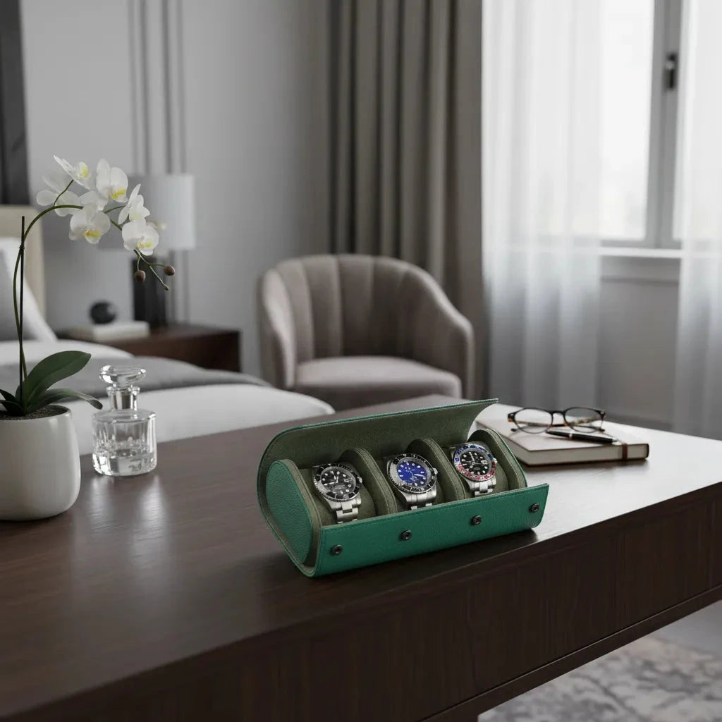 aevitas_uk's tweet image. Travel confidently with our triple roll watch case in rich green leather and suede interior. Secure and stylish for any journey. Just £94.95. #TravelInStyle #WatchProtection aevitas-uk.co.uk/products/premi…