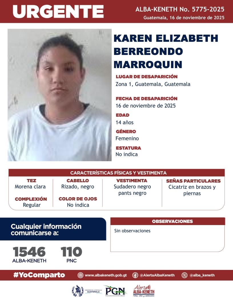 alba_keneth's tweet image. #AlertaAlbaKeneth⚠️| Karen Elizabeth Berreondo Marroquín de 14 años de edad. Desapareció el 16 de noviembre de 2025, en Zona 1, Guatemala,  Guatemala 

🔁Comparte y ayúdanos con su localización.
📞Si tienes información llama al 1546. #YoComparto