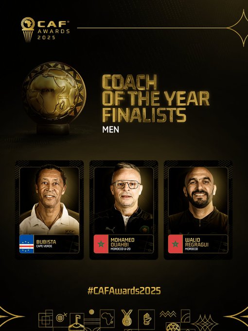 Gold and black graphic with CAF logo and globe at top announcing Coach of the Year Finalists Men for 2025 featuring three headshot photos of male coaches: left one smiling older man in white shirt named Ubista from Panama, middle bespectacled man named Mohamed, right smiling man named Delgoui, with decorative elements below