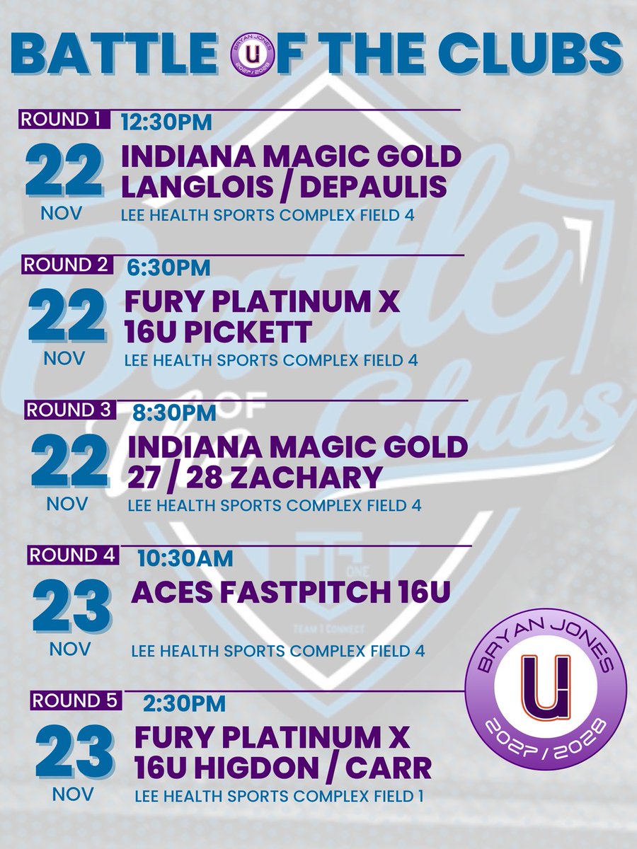 UnityBJones2728's tweet image. Final event of our fall season.  Battle of the Clubs.  Lee Health Sports Complex.  Ft Myers, FL.  We can&apos;t wait!  Schedule ⬇️
