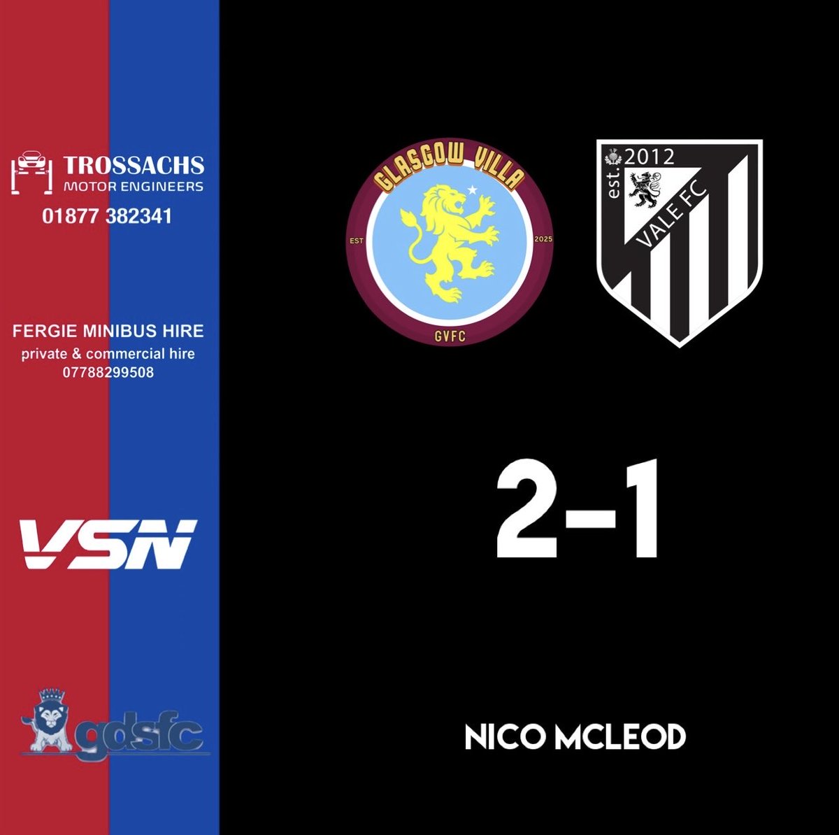 FT: Glasgow Villa 2-1 Vale FC 

A last minute winner for Villa and punishing ourselves with not taking chances. 

🔵🔴