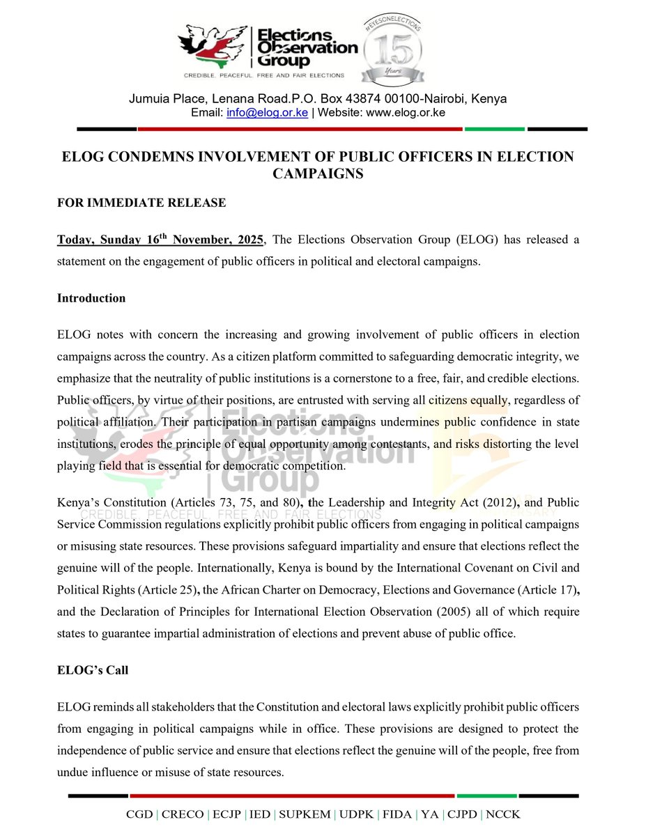 elogkenya's tweet image. 📢STATEMENT: ELOG condemns the growing involvement of public officers in election campaigns

We emphasize that the neutrality of public institutions is key to credible elections. The CoK and electoral laws prohibit public officers from campaigning while in office.
Full statement: