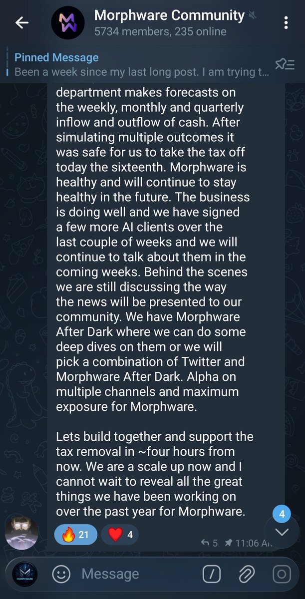 <a href="/Topo_G/">Topo</a> Bullish when the dev consistently shows up with progress updates for the community even when he's constantly making deals and building RWAs and removing the tax $2m early.

t.me/c/1660377209/2…