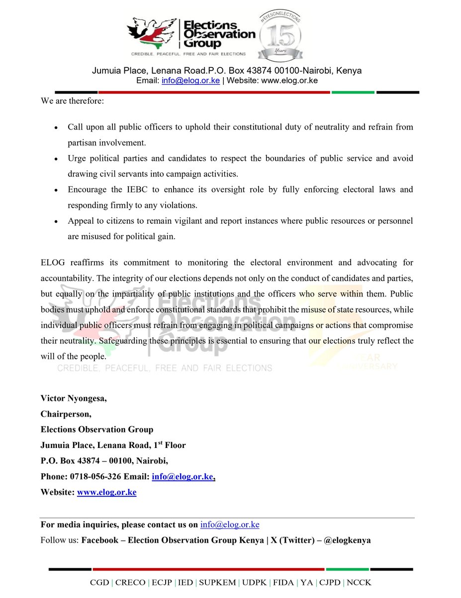elogkenya's tweet image. 📢STATEMENT: ELOG condemns the growing involvement of public officers in election campaigns

We emphasize that the neutrality of public institutions is key to credible elections. The CoK and electoral laws prohibit public officers from campaigning while in office.
Full statement: