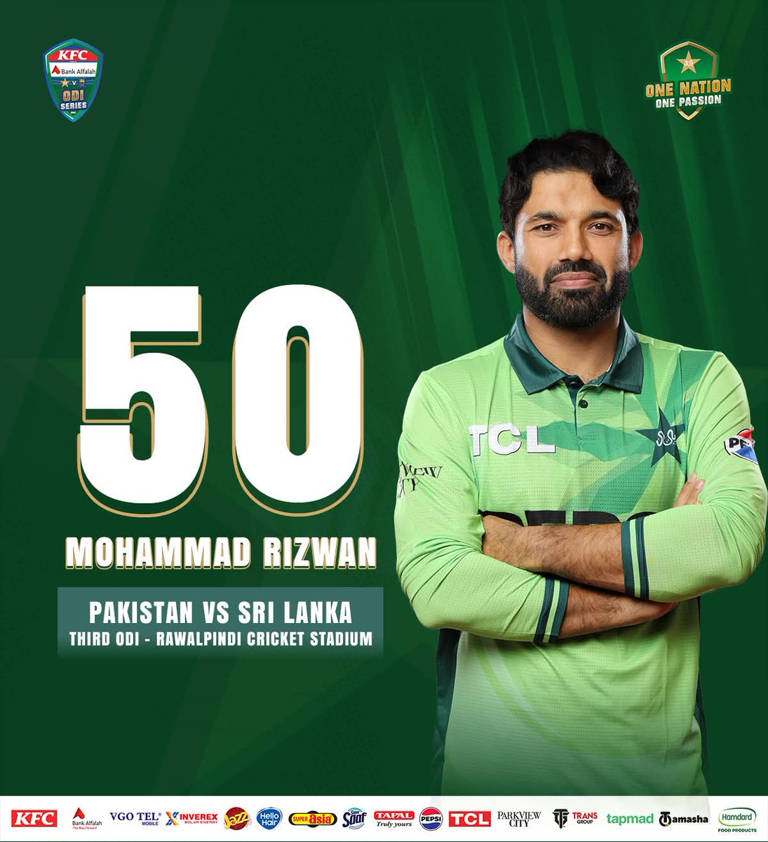 saad556's tweet photo. 5️⃣0️⃣ in his 100th ODI 👏

A steady and assured knock by Mohammad Rizwan - his 19th ODI half-century 🌟

#PAKvSL | #JeetKaScene | #BackTheBoysInGreen https://t.co/G4XRKNb74G