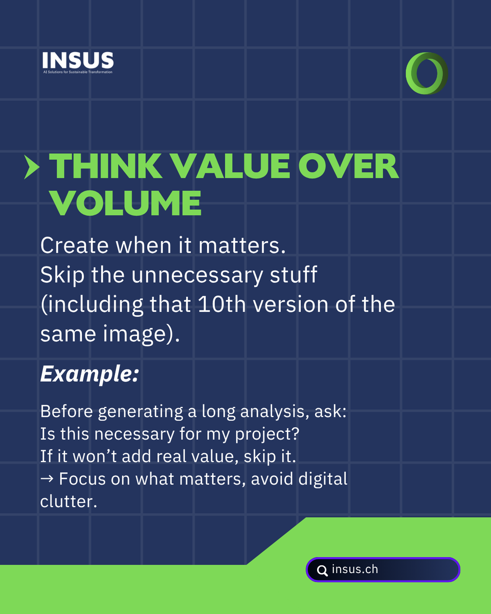 _INSUS_'s tweet photo. AI is growing fast and so is the energy behind it.
Data centres used ~415 TWh of electricity in 2024 (IEA). 

At INSUS we believe in conscious AI use.
Before running a prompt or generating an image, ask:

→ Is this essential?
→ Can I simplify it?
→ Does it add value? https://t.co/3akg0HTHN9