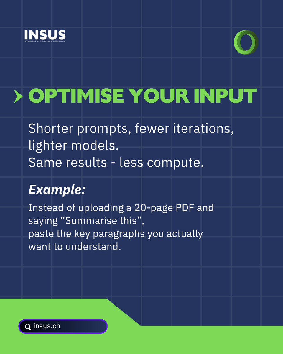 _INSUS_'s tweet photo. AI is growing fast and so is the energy behind it.
Data centres used ~415 TWh of electricity in 2024 (IEA). 

At INSUS we believe in conscious AI use.
Before running a prompt or generating an image, ask:

→ Is this essential?
→ Can I simplify it?
→ Does it add value? https://t.co/3akg0HTHN9