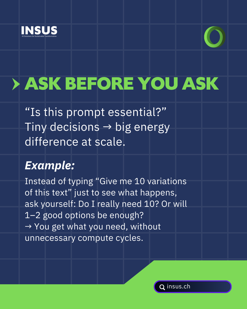 _INSUS_'s tweet photo. AI is growing fast and so is the energy behind it.
Data centres used ~415 TWh of electricity in 2024 (IEA). 

At INSUS we believe in conscious AI use.
Before running a prompt or generating an image, ask:

→ Is this essential?
→ Can I simplify it?
→ Does it add value? https://t.co/3akg0HTHN9