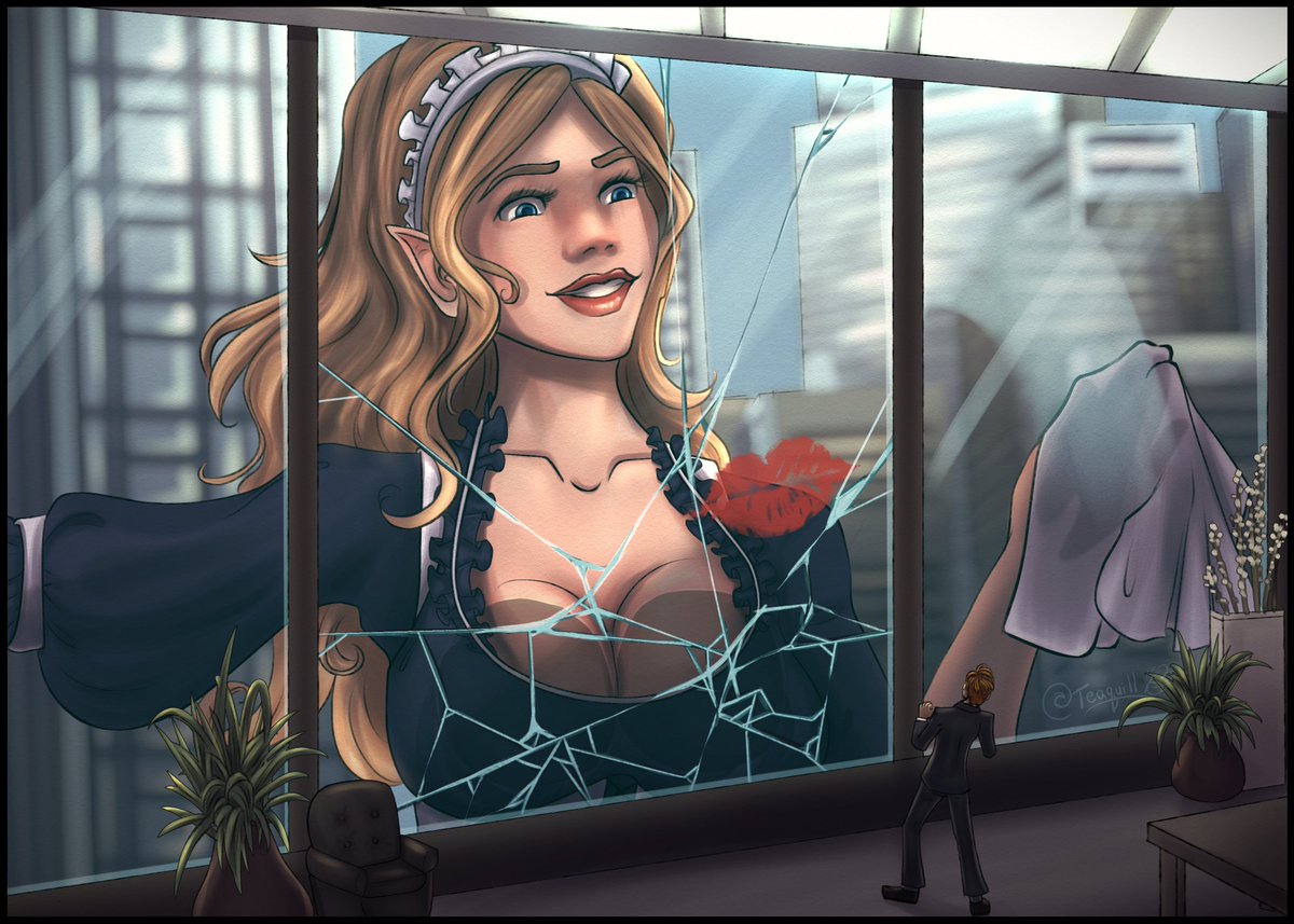 TeaQuill's tweet image. A commission for Daj1n on DeviantArt of his elven maid, Fiora. She's still causing accidental destruction, despite her best efforts to make the city clean. At least she gets to show a little love to an adorable spectator!
#Sizetwitter #giantess #gts