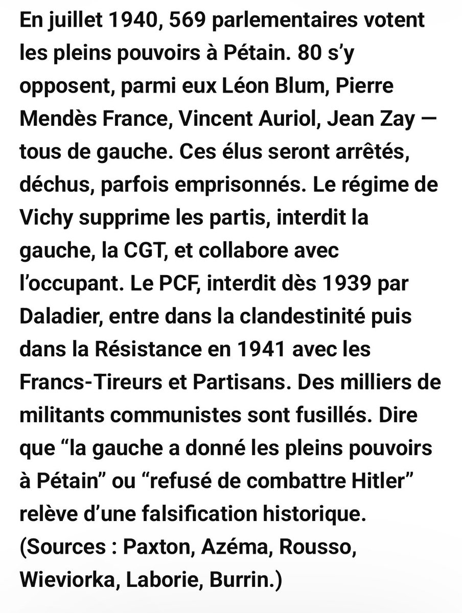 llaurette95's tweet image. Le PS n’existait pas en 40 et n’a jamais voté les pleins pouvoirs à Pétain.
Les députés SFIO ont été parmi les seuls à s’y opposer.
Si vs voulez parler héritage politique, commencez par regarder le vôtre: la continuité idéologique du RN avec l’ED d’hier, elle, est bien documentée